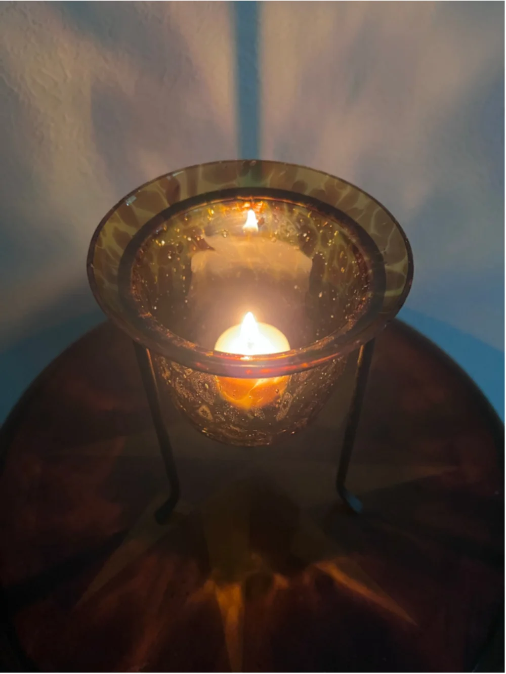 VTG Cheetah Leopard Candle Holder Amber Black Glass Metal Stand